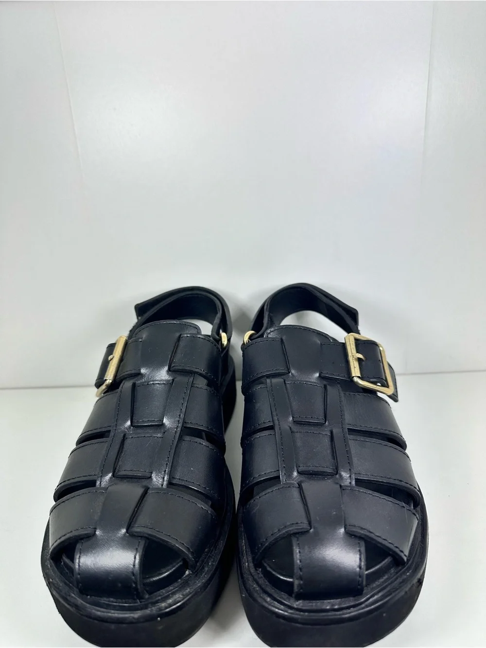 Loeffler Randall Black Leather Platform Fisherman Sandals with Gold Buckles - Picture 2 of 10